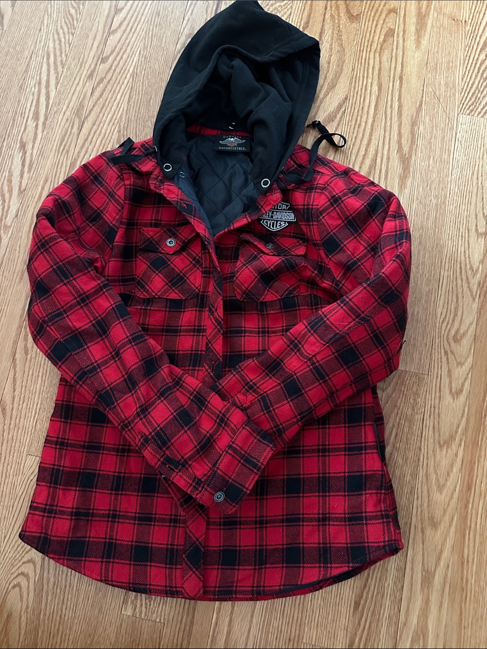 Harley-Davidson Red and Black Plaid Hooded Flannel Jacket